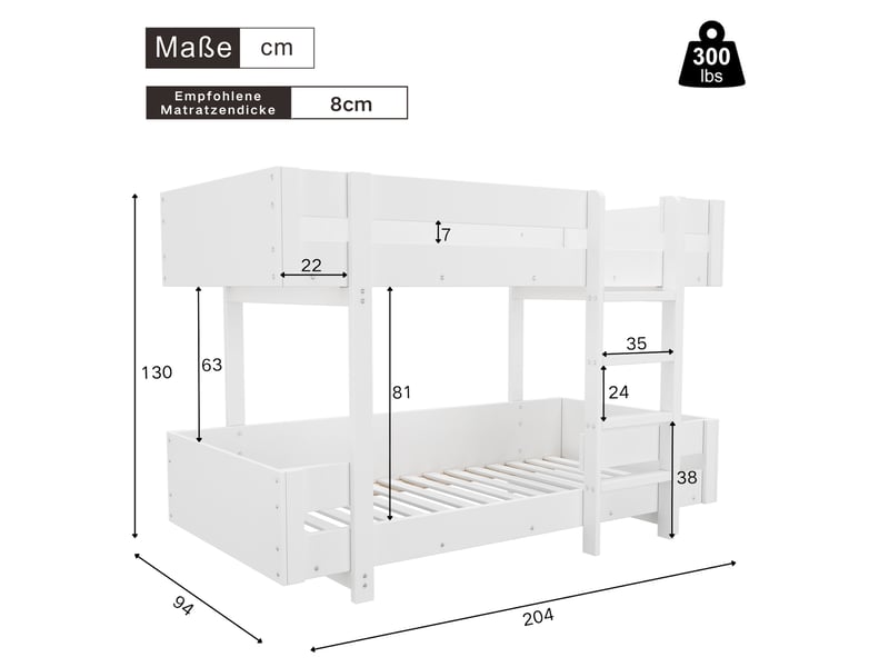  Elvmi lit superpose enfant 90x200 cm en bois massif et mdf, blanc, avec echelle et barrières renforcées, structure robuste et design minimaliste pour chambre d'enfant, avec sommier a lattes inclus  - Conforama C