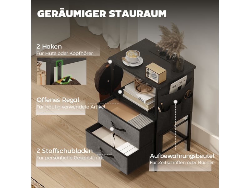  Table d'appoint,40x30x60 cm,avec station de charge et 2 tiroirs,noire  - Conforama D