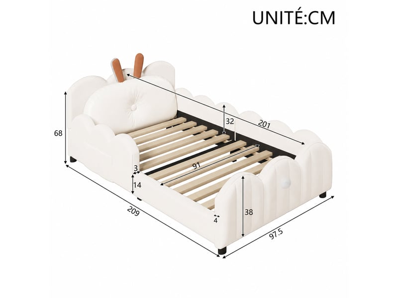  Lit enfant 90x200 cm en velours, lit simple avec barrières, coussin lapin et cadre bas, sans matelas, beige  - Conforama D
