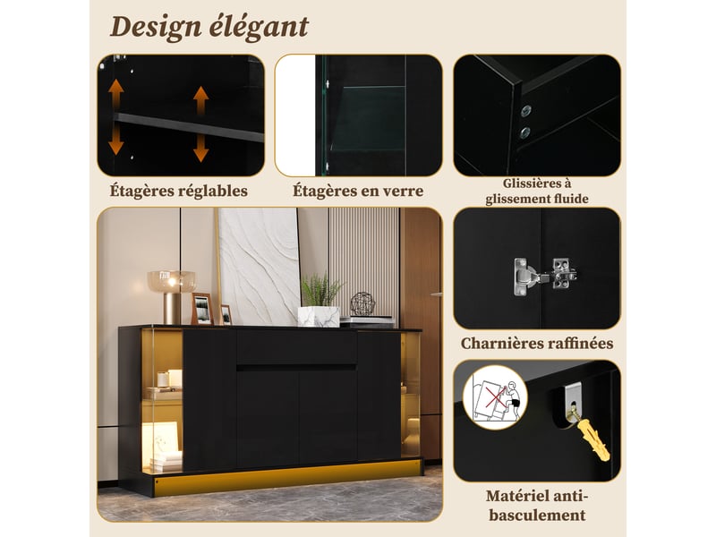 Buffet de rangement 150x40x75 cm, éclairage led, portes battantes, tiroir, éléments vitrés pour salon et salle à manger - noir GL8834S - Conforama D