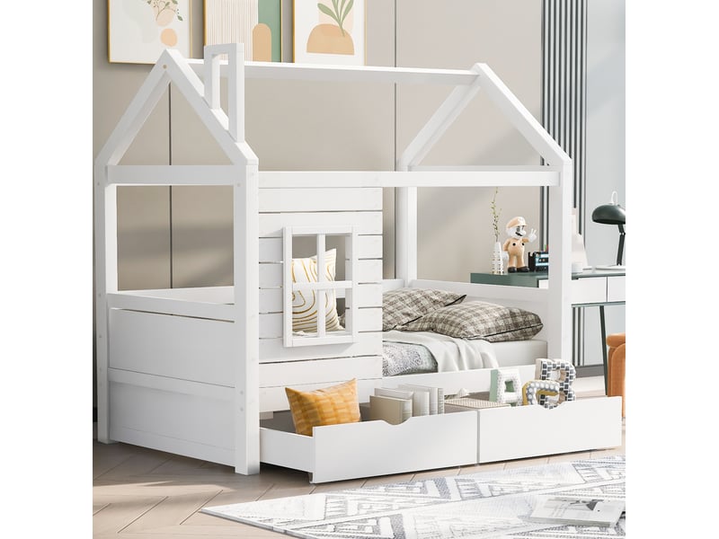 Modenvie lit cabane enfant 80x160 cm - avec 2 tiroirs, barrière fenêtre, sommier inclus, sans matelas - blanc  - Conforama B