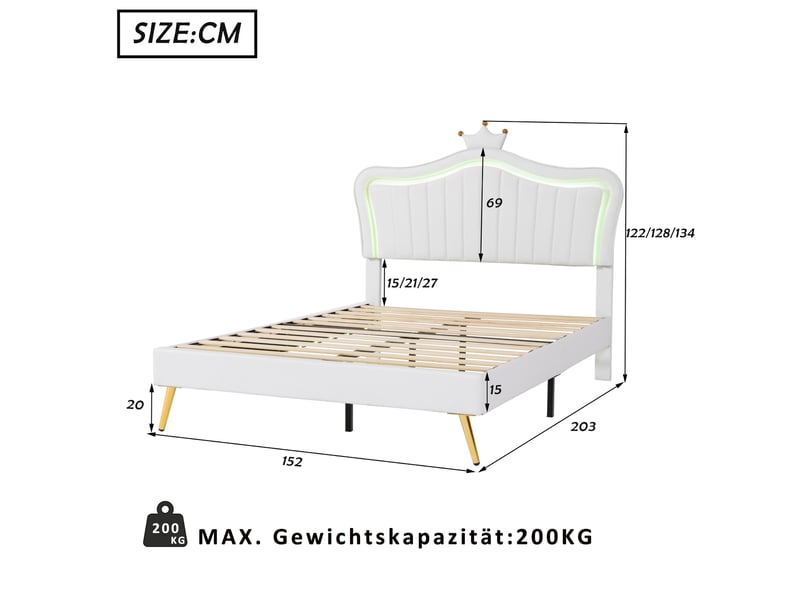  Lit enfant 140 × 200 cm 2 places avec led réglable et tête de lit couronne, sans matelas, rembourré blanc  - Conforama D