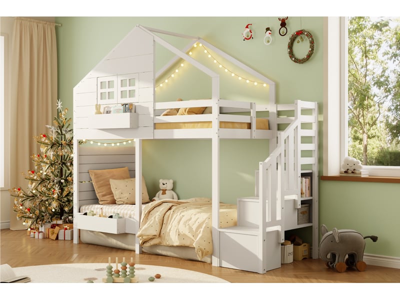  Lit mezzanine cabane 90 × 200 cm, escalier avec rangements, fenêtre ouvrante, étagère et crochets, pin et mdf, blanc  - Conforama B