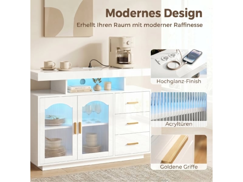  Buffet lumineux led moderne avec prises intégrées, 3 tiroirs, étagères et 2 portes en acrylique - blanc brillant  - Conforama E