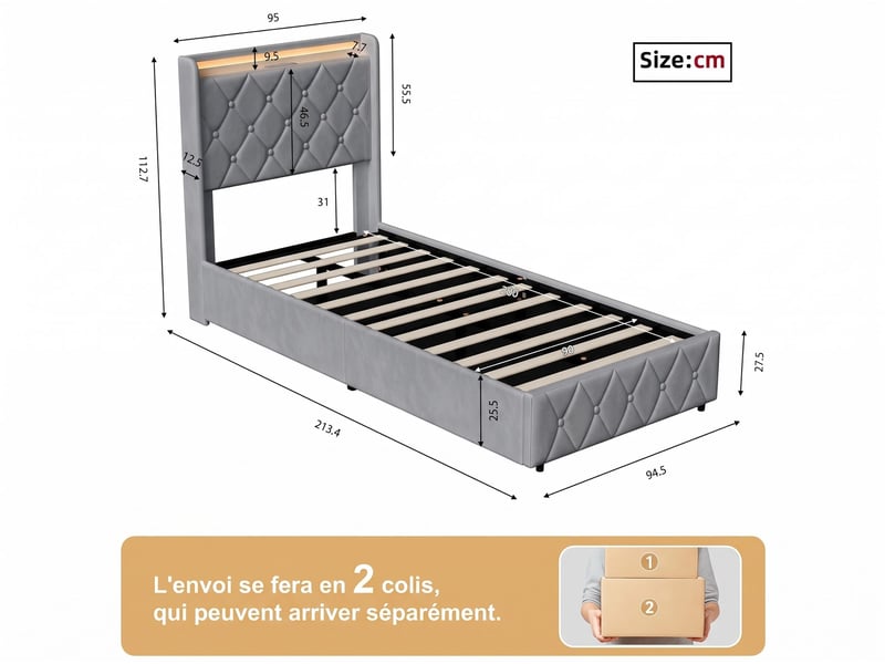  Lit adulte 90 x 200 cm – lit simple – lit coffre – éclairage led – ports usb et type‑c –  sommier à lattes – velours gris  - Conforama E