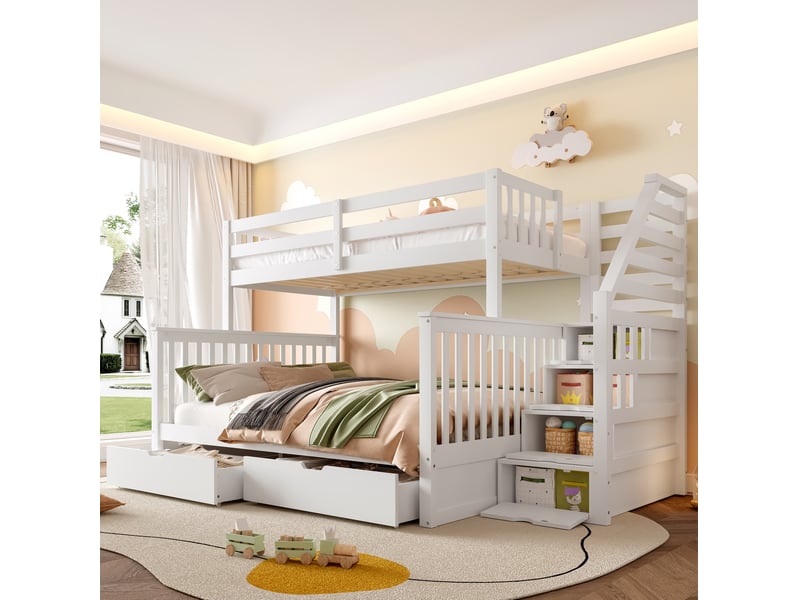  Lit superposé, 90x200 cm et 140x200 cm, avec tiroirs, solution de rangement, matelas non inclus, bois, coloris blanc  - Conforama B
