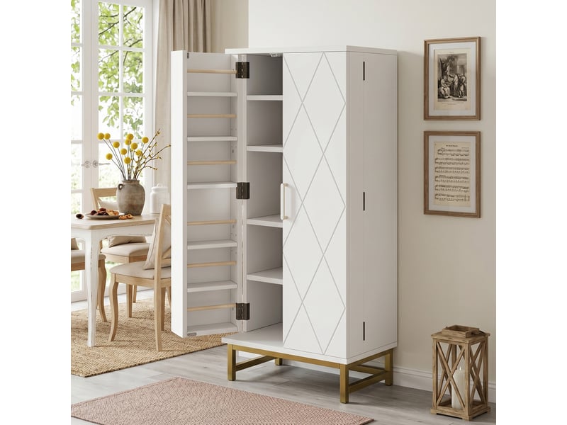 Buffet de cuisine blanc et or, meuble haut 60x40x130 cm, rangement avec étagères ajustables et portes intégrées, idéal pour petite cuisine ou salon - Conforama B