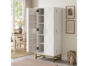 Buffet de cuisine blanc et or, meuble haut 60x40x130 cm, rangement avec étagères ajustables et portes intégrées, idéal pour petite cuisine ou salon