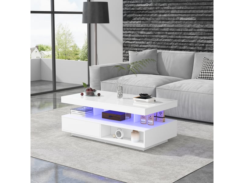  Table basse blanche brillante 95x50 cm avec led intelligente, table de salon avec 2 tiroirs et 4 inserts en verre  - Conforama D