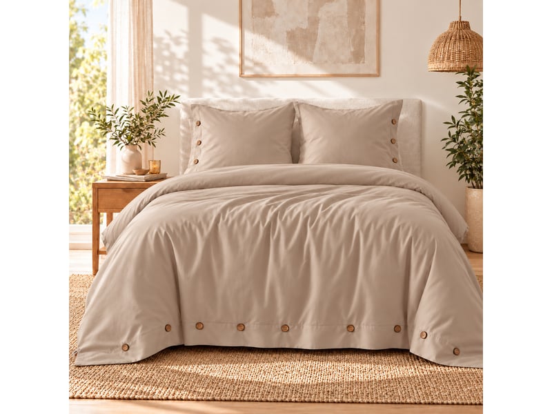 Housse de couette 240 x 220 cm + 2 taies 65 x 65 cm 100% percale de coton 120 fils perrine ficelle  - Conforama A