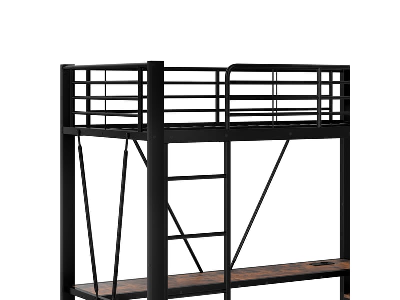  Lit mezzanine 200×90 cm avec bureau, 4 tiroirs, rangements, led et ports usb et usb-c, sans matelas, noir  - Conforama E