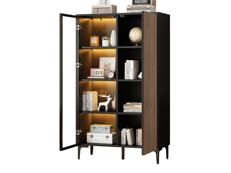 Vitrine 90x40x135 cm 2 portes led mdf noir et bois naturel - Conforama A