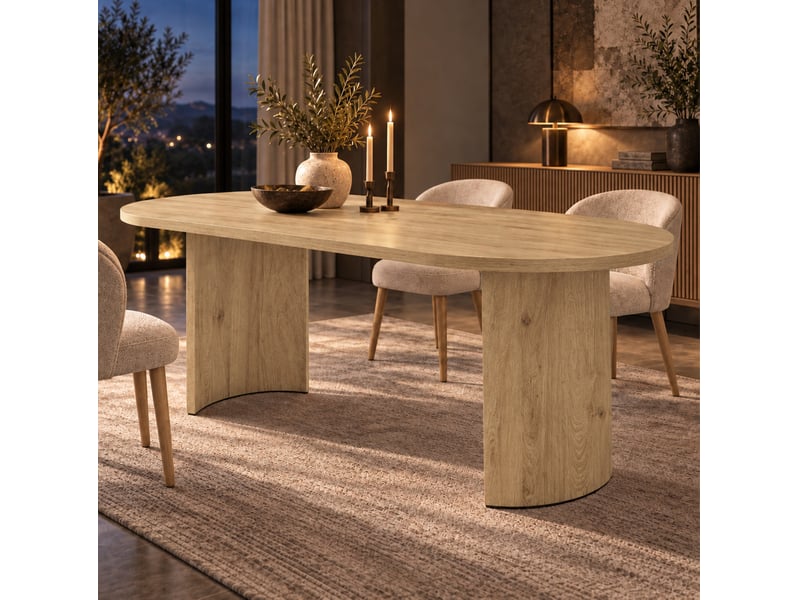  Table à manger 200 x 90 cm – chêne clair – plateau arrondi de 28 mm, pieds courbés pour 6 à 8 personnes  - Conforama C
