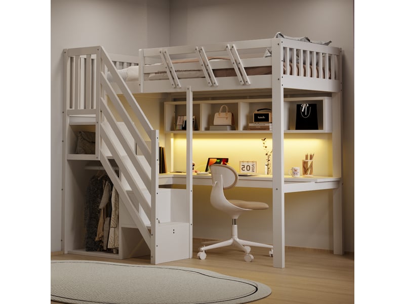  Lit en bois massif 90x200cm avec port usb et éclairage led, lit enfant avec bureau, cadre de lit adulte, blanc, lit simple rembourré  - Conforama R