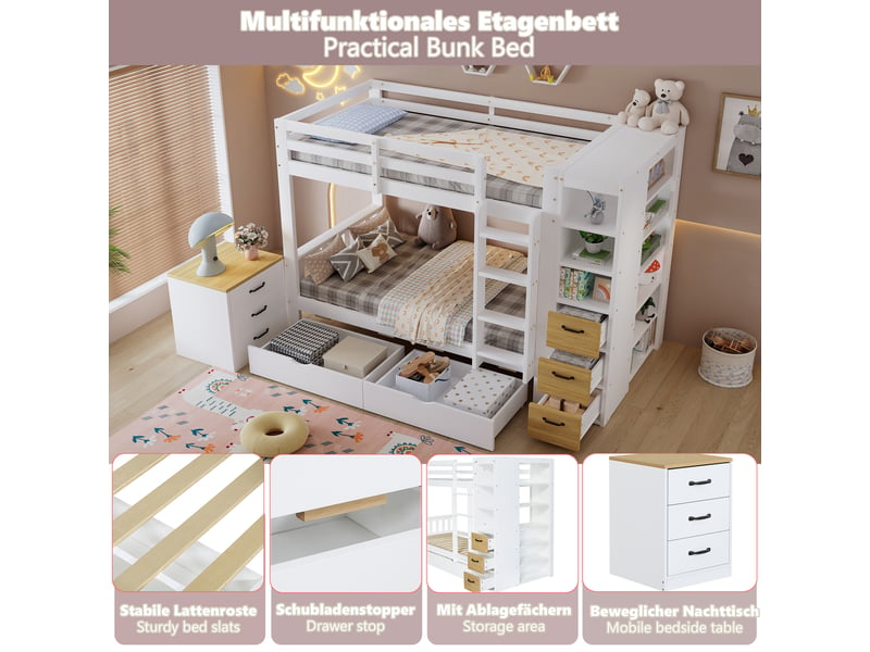  Lit superposé 90x200 cm – avec rangements tiroirs étagères et table de chevet – bois massif – blanc et naturel CozyNest - Conforama E