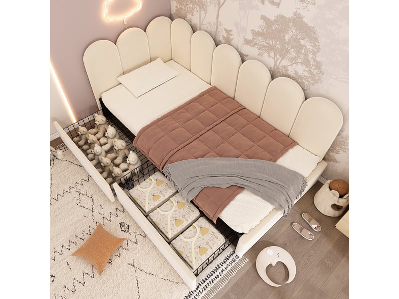 Lit gigogne 90x200 cm, revêtement en velours, coloris beige, 2 tiroirs intégrés, sommier à lattes inclus, matelas non inclus, style banquette - Conforama E