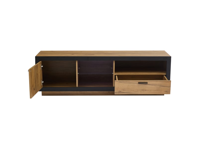  Meuble tv avec 1 tiroir, 4 rangements et led pour salon en panneaux de particules 160×40×50 cm noir chêne  - Conforama D