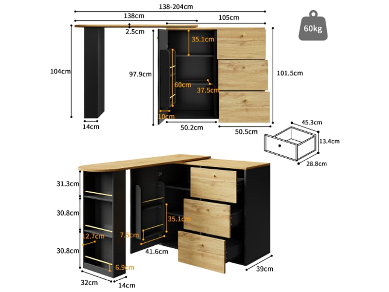  Table de bar extensible et mobile 138-204×39×104 cm, rotative à 360°, îlot de cuisine haute avec rangement, buffet moderne  - Conforama B