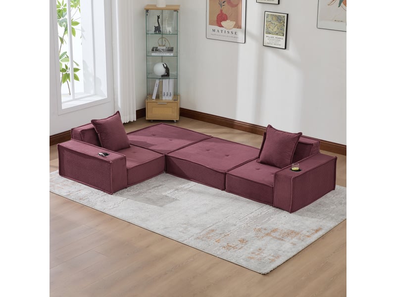 Canapé deux places en velours côtelé rouge bordeaux avec rangement latéral, coussins et assise modulable pour salon et coin lecture - Conforama W