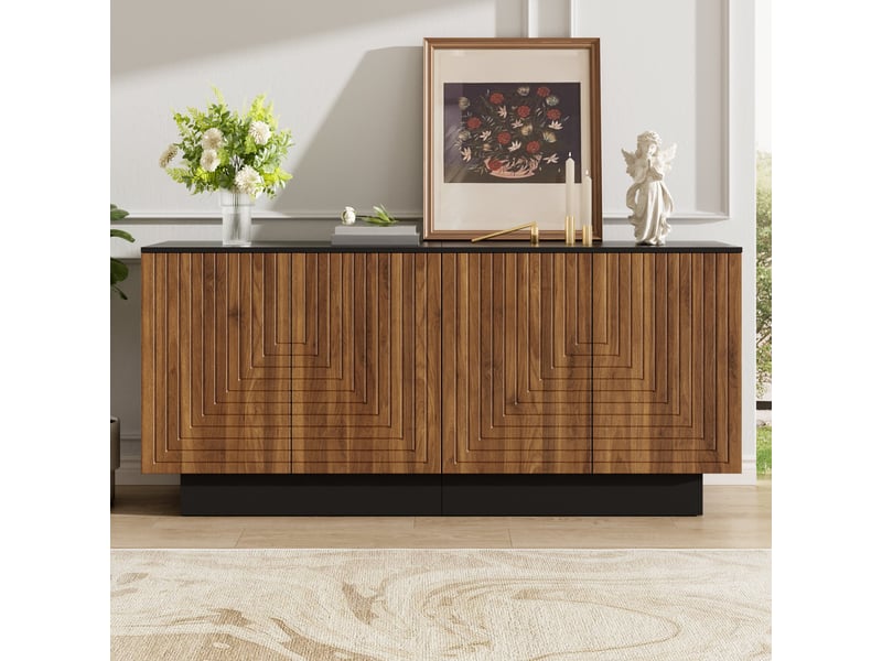 Buffet de rangement 160 cm, 4 portes, étagères intérieures, finition brillante pour salon et salle à manger - noyer - Conforama E
