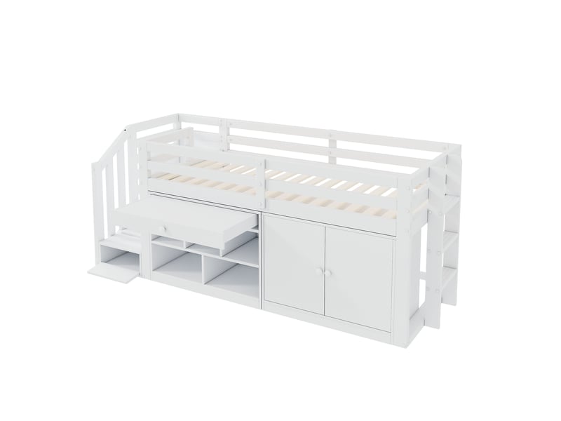  Lit enfant multifonctionnel en bois avec escalier et rangements ; l’escalier et les placards sont réversibles (gauchedroite) ; les tiroirs peuvent être retournés et utilisés comme bureau ; 90 x 200 cm ; blanc  - Conforama E