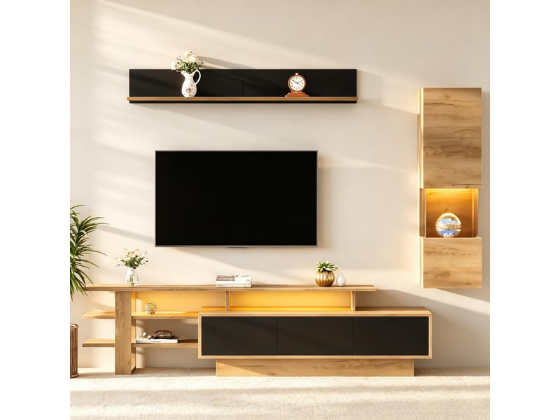  Ensemble meuble tv mural, avec éclairage led connecté pour tv jusqu'à 80 pouces, comprenant 1 banc tv 1 vitrine et 1 étagère, naturel et noir  - Conforama B