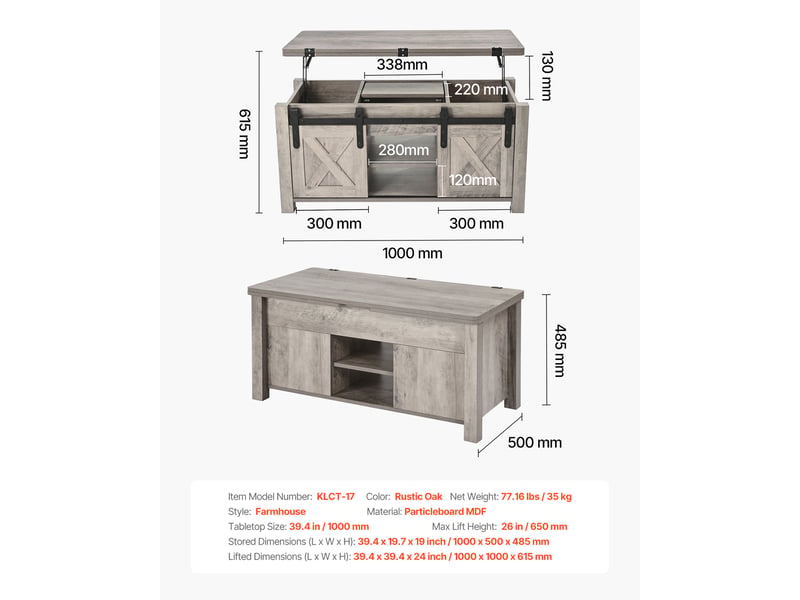  Vevor table basse à plateau relevable rectangulaire 1000 x 500 x 485 mm, chêne rustique, porte de grange et rangement dissimulé KLCT-17 - Conforama C