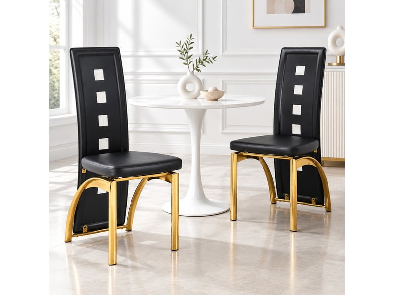  Chaises de salle à manger lot de 2 avec dossier ajouré  - pieds métal doré, simili cuir noir  - Conforama C