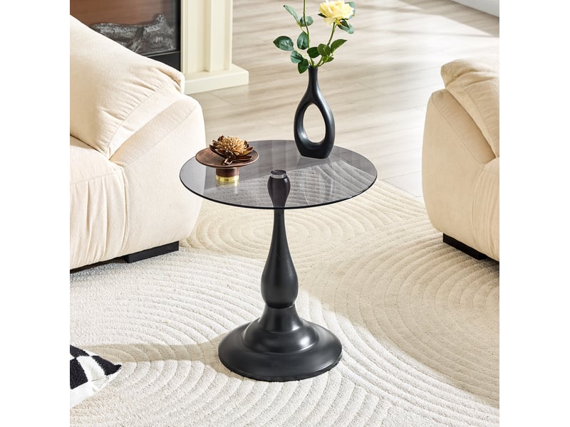  Table basse fixe ronde avec plateau en verre trempé et socle métallique antidérapant pour salon, noir, 50 × 51,5 cm  - Conforama C
