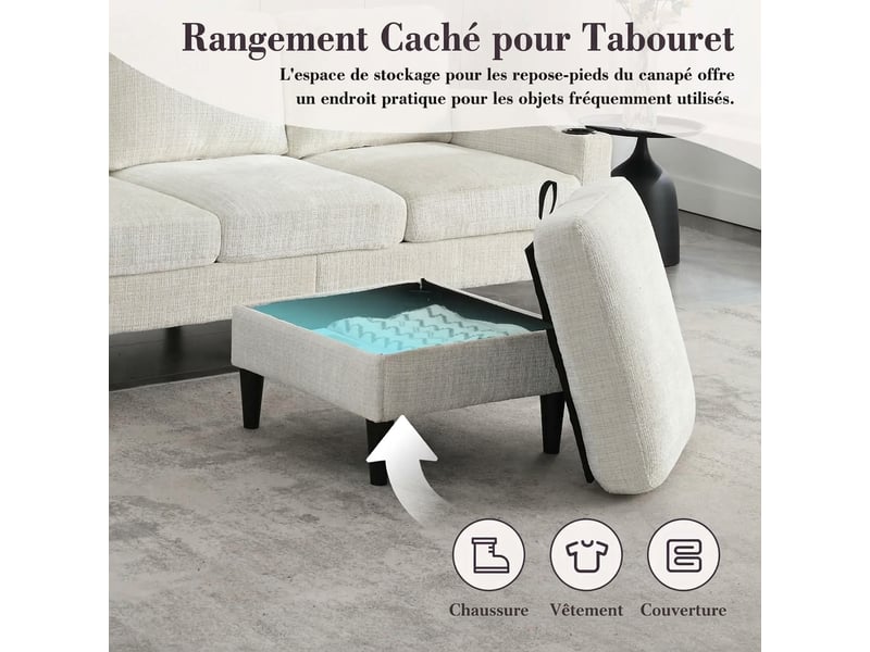 Canapé 4 places avec pouf revêtement en chenille douce 196,5 cm rangement et porte-gobelets - Conforama W