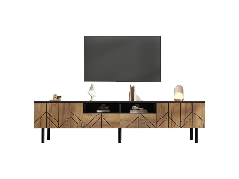  Meuble tv 180x40x45 cm - meuble bas avec tiroirs et portes, charge jusqu’à 75 kg, panneau de particules, effet bois - noir  - Conforama A