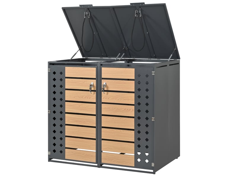  Cache-poubelles 2 compartiments, couvercle rabattable, panneaux diamant perforés, métal gris  - Conforama E