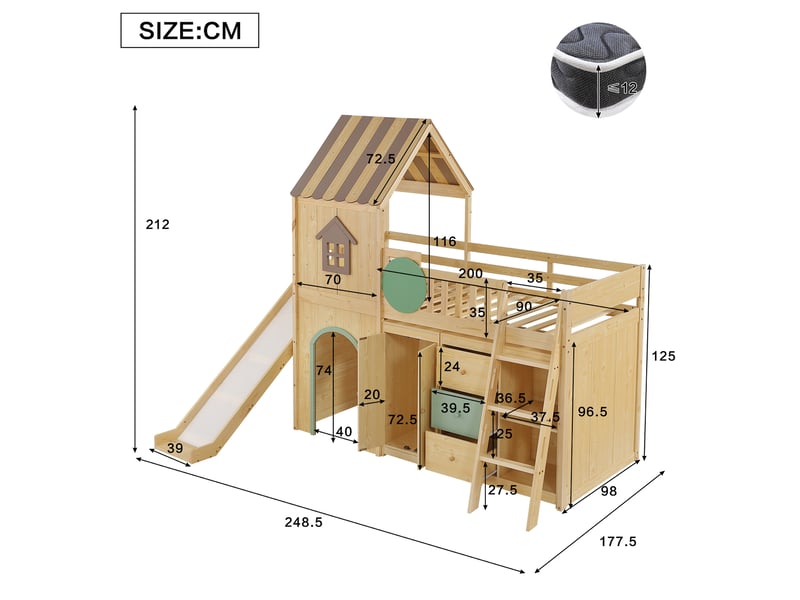  Lit mezzanine enfant 1 place 90×200 cm, toboggan et rangements - okmyhome- sans matelas, pin et mdf vert naturel  - Conforama D