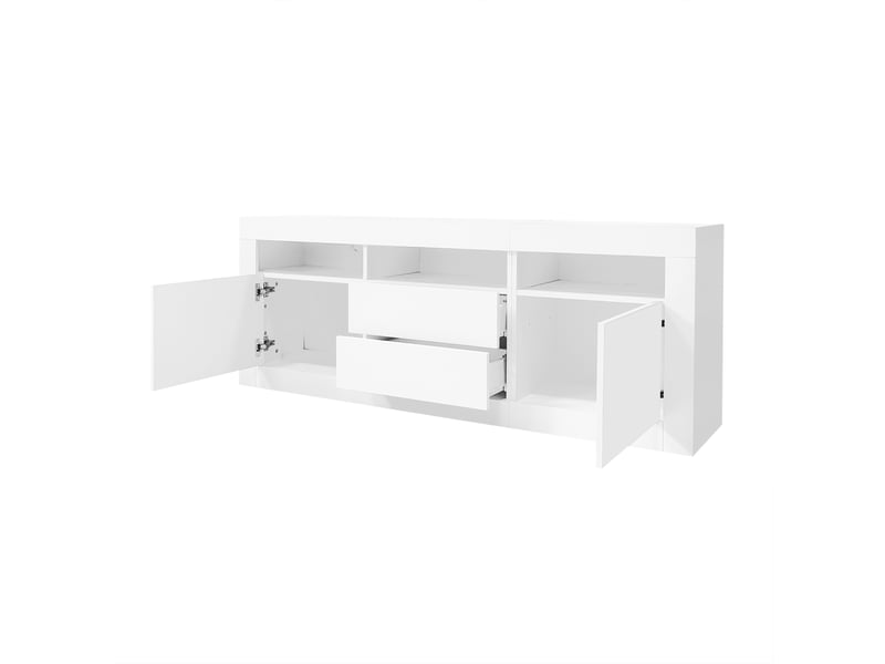  Meuble tv 160 cm blanc brillant avec éclairage led app, 4 rangements push to open, pour tv 70 pouces  - Conforama W