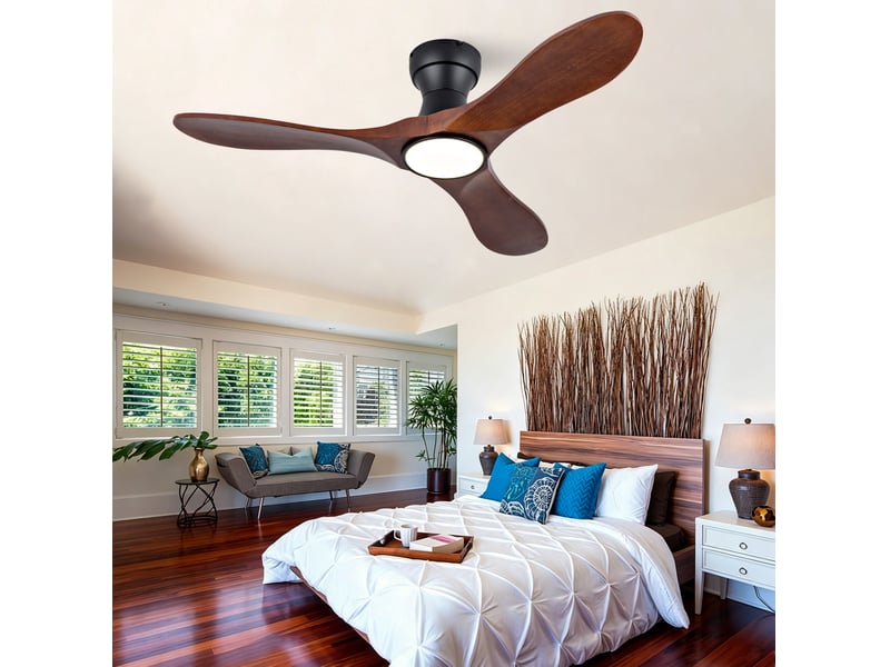  Ventilateur de plafond 106 cm noir et noyer foncé avec led et télécommande  - Conforama D