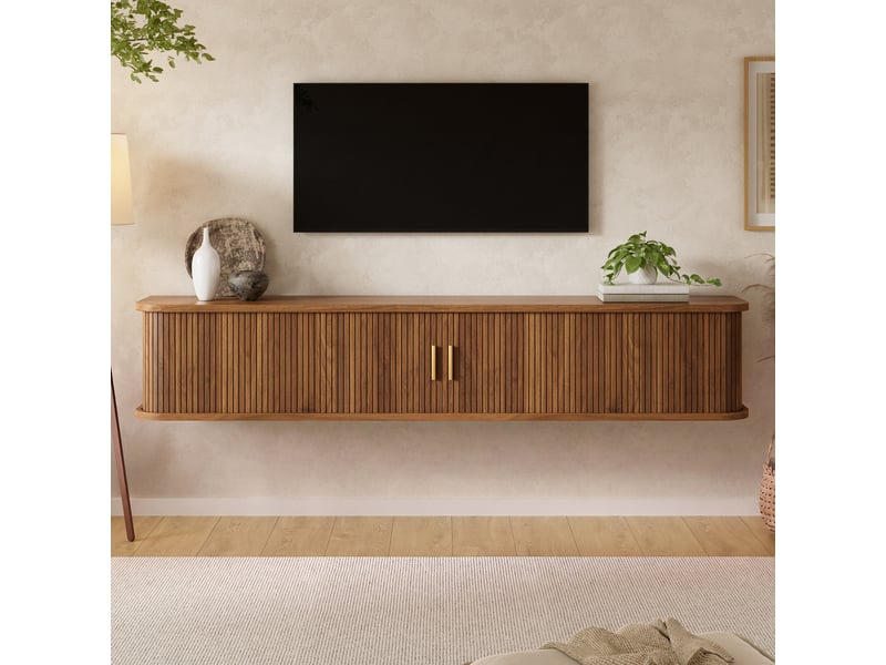  Meuble tv suspendu noyer 175cm avec portes coulissantes nervurées, meuble tv mural avec led contrôlable par application, design arrondi.  - Conforama D