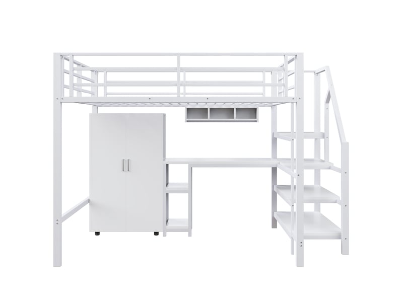  Lit mezzanine blanc 140x200 cm avec bureau, armoire, étagères et échelle rangement  - Conforama A