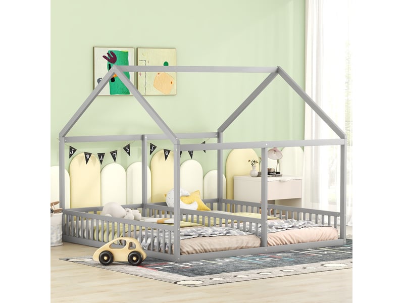  Lit enfant 2 places 2 x 90 x 200 cm avec barrières, structure maison, gris  - Conforama B