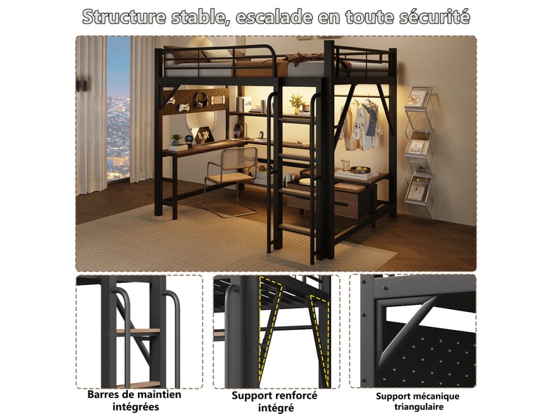  Lit surélevé 140 x 200 cm noir, panneau perforé, étagères, tiroirs en tissu, bureau, usb, led, sans matelas  - Conforama E