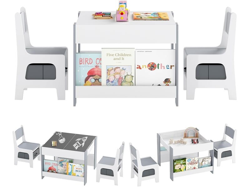 Costway 4 en 1 table enfant avec 2 chaises en tissu et bibliothèques, plateaux réversibles double face (gris)  - Conforama A