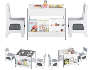 Costway 4 en 1 table enfant avec 2 chaises en tissu et bibliothèques, plateaux réversibles double face (gris)