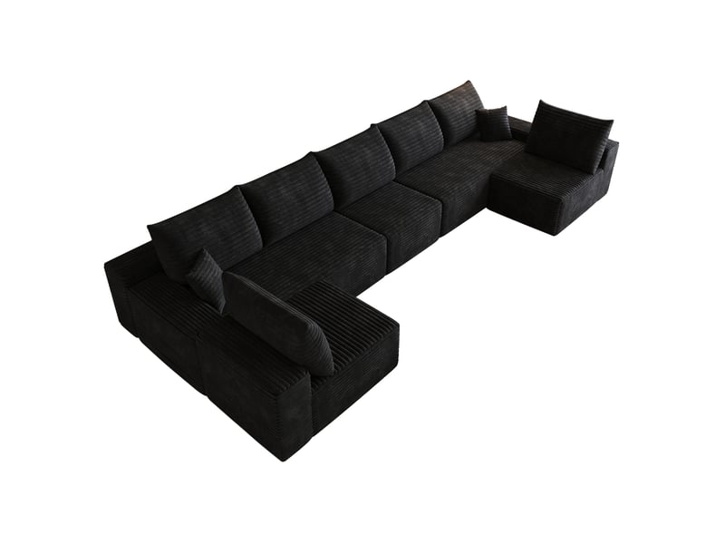  Canapé d’angle panoramique tcqpz modulable 7 places 425 x 165 x 83 cm assise profonde velours côtelé noir  - Conforama E