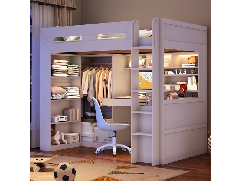 Lit mezzanine 90x200 cm, avec tiroir, plusieurs étagères, bureau intégré sous le lit, éclairage led et port usb, blanc - Conforama D