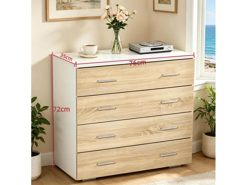  Commode 4 tiroirs 76 x 35 x 72 cm blanc et bois clair, panneau de particules avec dispositif anti-basculement  - Conforama C