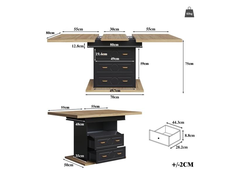 Table à manger extensible 110-140 x 80 cm, 6 personnes, mdf et métal, rangement  - Conforama C