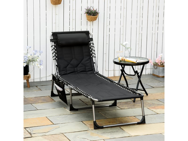  Chaise longue de jardin pliable noire, appui-tête et poche latérale, dossier 5 positions, résistante aux intempéries, charge max 130 kg  - Conforama B