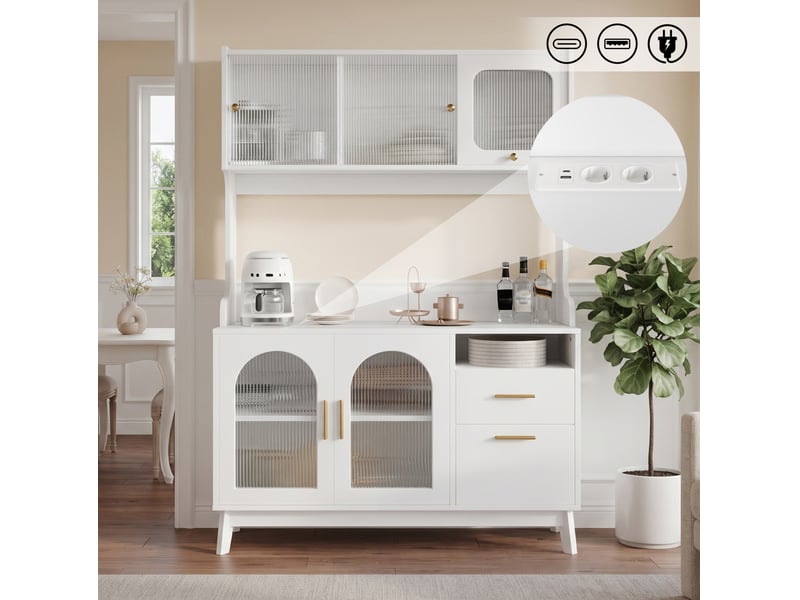  Buffet haut de salle à manger blanc 120 x 40 x 178 cm avec prises et ports usb  - Conforama B