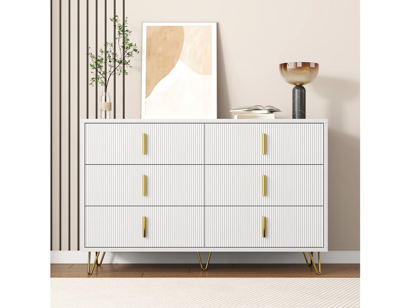  Commode bas 6 tiroirs 120x77x40 cm, ondulé, poignées et pieds dorés, panneau de particules, blanc et doré  - Conforama D