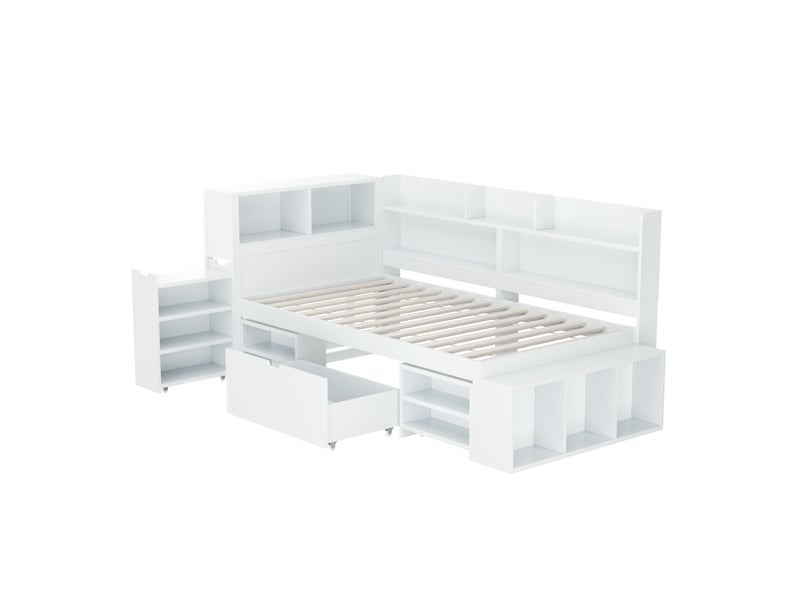  Lit enfant 90x200cm lit adolescent lit simple en bois avec table de chevet caché étagère de rangement tiroir sommier à latte, blanc  - Conforama A