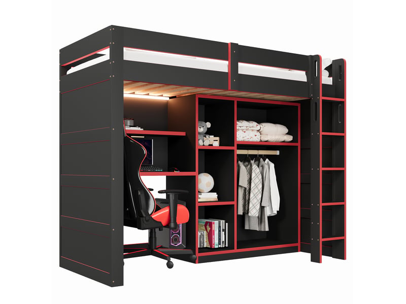  Lit mezzanine 90 × 200 cm 1 place avec bureau, armoire ouverte, led et usb, sans matelas, en mdf, noir et rouge  - Conforama A